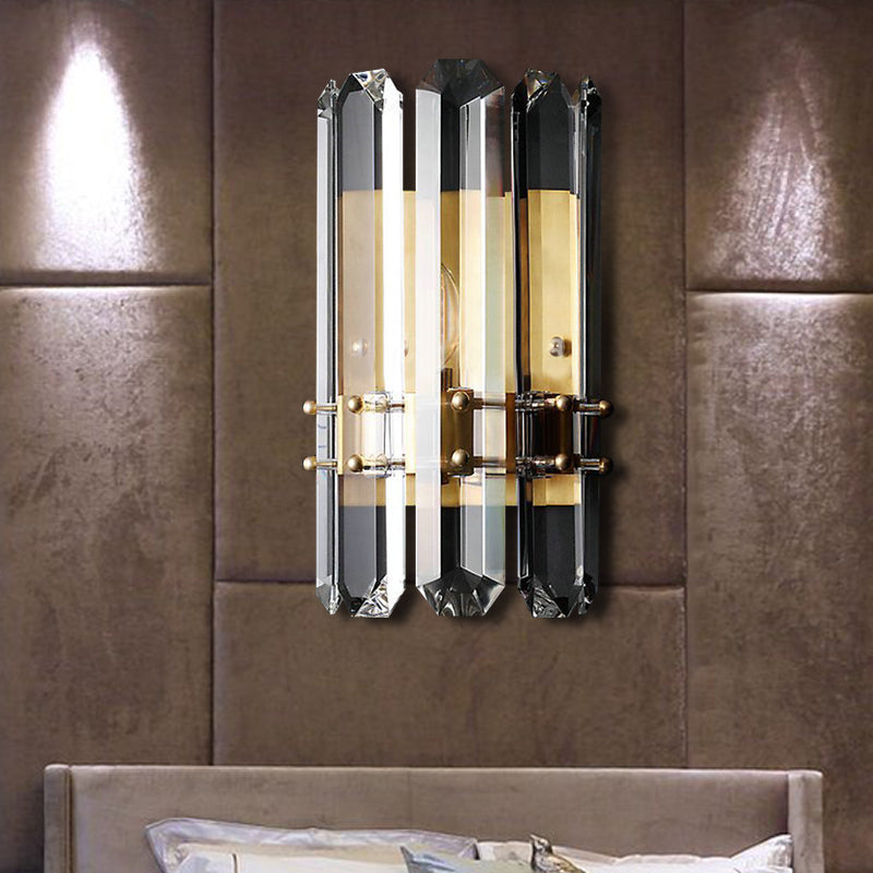 1/2-Bulb Bedside Wall Sconce Contemporary Style Chrome/Gold Wall Mounted Lamp with Clear Crystal Prism 1.0 Gold Clearhalo 'Art deco wall lights' 'Industrial wall lights' 'Industrial' 'Middle century wall lights' 'Modern wall lights' 'Modern' 'Tiffany' 'Wall Lamps & Sconces' 'Wall Lights' Lighting' 222286