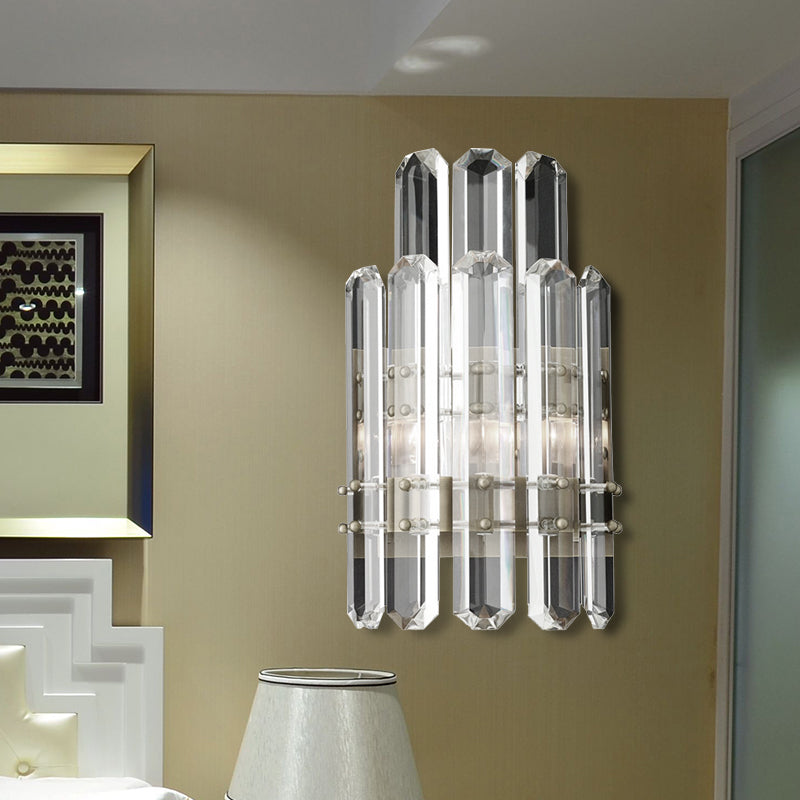 1/2-Bulb Bedside Wall Sconce Contemporary Style Chrome/Gold Wall Mounted Lamp with Clear Crystal Prism 2.0 Chrome Clearhalo 'Art deco wall lights' 'Industrial wall lights' 'Industrial' 'Middle century wall lights' 'Modern wall lights' 'Modern' 'Tiffany' 'Wall Lamps & Sconces' 'Wall Lights' Lighting' 222289