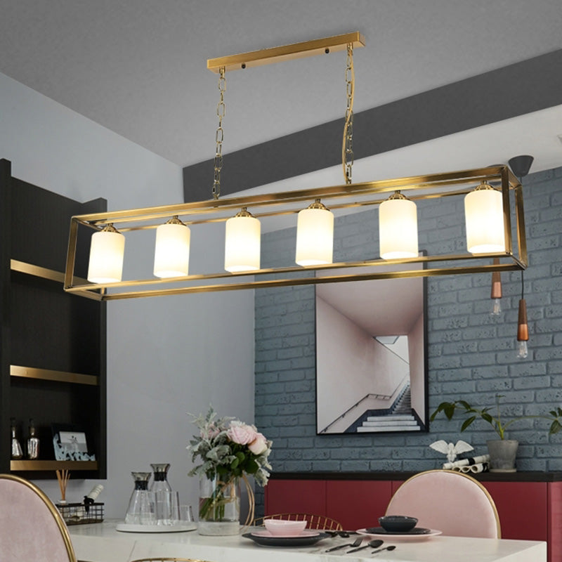 Black/Brass 5/6 Lights Island Light Fixture Traditional Opal Glass Rectangular Pendant Lighting 6 Brass Clearhalo 'Ceiling Lights' 'Close To Ceiling Lights' 'Glass shade' 'Glass' 'Island Lights' Lighting' 222291