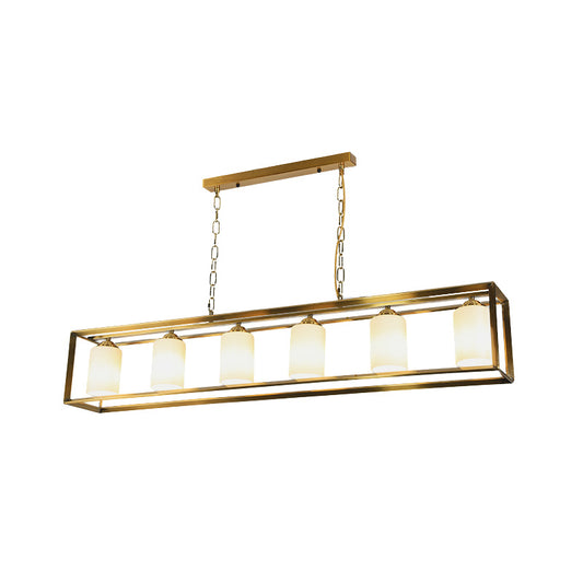 Black/Brass 5/6 Lights Island Light Fixture Traditional Opal Glass Rectangular Pendant Lighting Clearhalo 'Ceiling Lights' 'Close To Ceiling Lights' 'Glass shade' 'Glass' 'Island Lights' Lighting' 222292