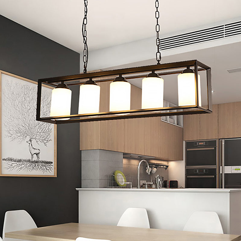 Black/Brass 5/6 Lights Island Light Fixture Traditional Opal Glass Rectangular Pendant Lighting Clearhalo 'Ceiling Lights' 'Close To Ceiling Lights' 'Glass shade' 'Glass' 'Island Lights' Lighting' 222294