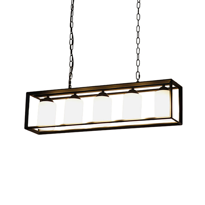 Black/Brass 5/6 Lights Island Light Fixture Traditional Opal Glass Rectangular Pendant Lighting Clearhalo 'Ceiling Lights' 'Close To Ceiling Lights' 'Glass shade' 'Glass' 'Island Lights' Lighting' 222295