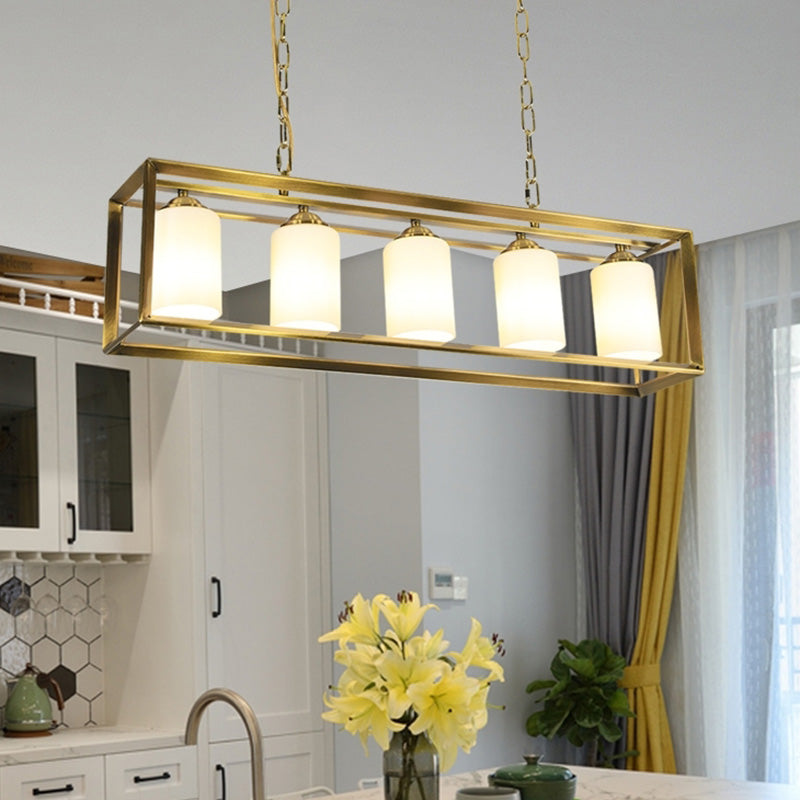 Black/Brass 5/6 Lights Island Light Fixture Traditional Opal Glass Rectangular Pendant Lighting 5 Brass Clearhalo 'Ceiling Lights' 'Close To Ceiling Lights' 'Glass shade' 'Glass' 'Island Lights' Lighting' 222297