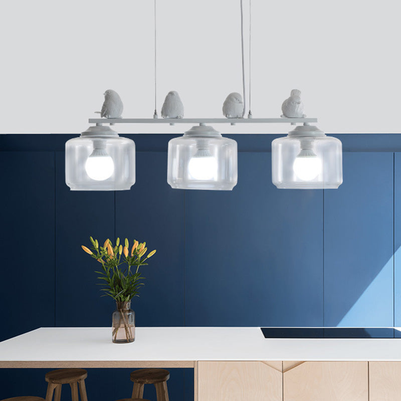 3-Bulb Clear Glass Island Lighting Fixture Traditional White Barrel Dining Room Hanging Light Kit with Birds Clearhalo 'Ceiling Lights' 'Glass shade' 'Glass' 'Island Lights' Lighting' 222303