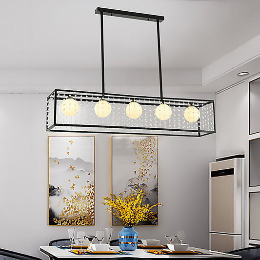 Traditional Rectangle Island Pendant 5 Lights Opal Glass Hanging Light Kit in Black for Dining Room Clearhalo 'Ceiling Lights' 'Glass shade' 'Glass' 'Island Lights' Lighting' 222317