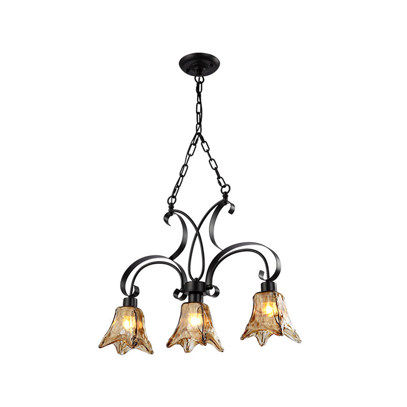 Black Flower Island Pendant Classic Tan Textured Glass 3 Bulbs Dining Room Hanging Ceiling Light Clearhalo 'Ceiling Lights' 'Glass shade' 'Glass' 'Island Lights' Lighting' 222369