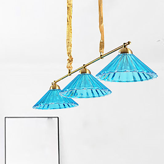 Blue Ribbed Glass Cone Island Pendant Light Traditional 3 Lights Dining Room Hanging Lamp Clearhalo 'Ceiling Lights' 'Glass shade' 'Glass' 'Island Lights' Lighting' 222380