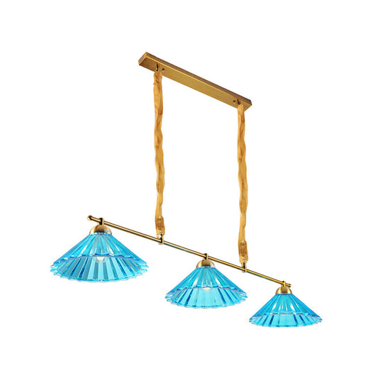 Blue Ribbed Glass Cone Island Pendant Light Traditional 3 Lights Dining Room Hanging Lamp Clearhalo 'Ceiling Lights' 'Glass shade' 'Glass' 'Island Lights' Lighting' 222381