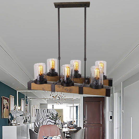 Cylinder Dining Room Pendant Light Fixture Traditional Clear Glass 3/6 Lights Black Hanging Lamp Kit 6 Black Clearhalo 'Ceiling Lights' 'Glass shade' 'Glass' 'Island Lights' 'Pendant Lights' Lighting' 222396