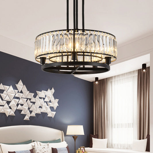 5/8 Bulbs Bedroom Chandelier Modernism Black Hanging Pendant Light with Circular Crystal Shade 5 Black Clearhalo 'Ceiling Lights' 'Chandeliers' 'Glass shade' 'Glass' Lighting' 222559