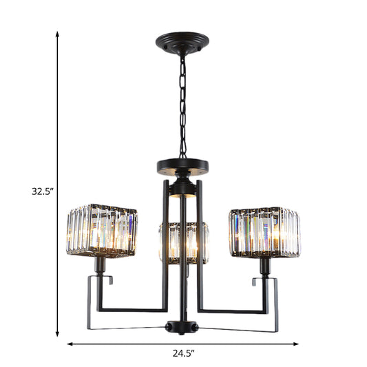 Black Square Pendant Chandelier Retro Crystal 3/6 Bulbs Hanging Pendant Light Clearhalo 'Ceiling Lights' 'Chandeliers' 'Modern Chandeliers' 'Modern' Lighting' 222714