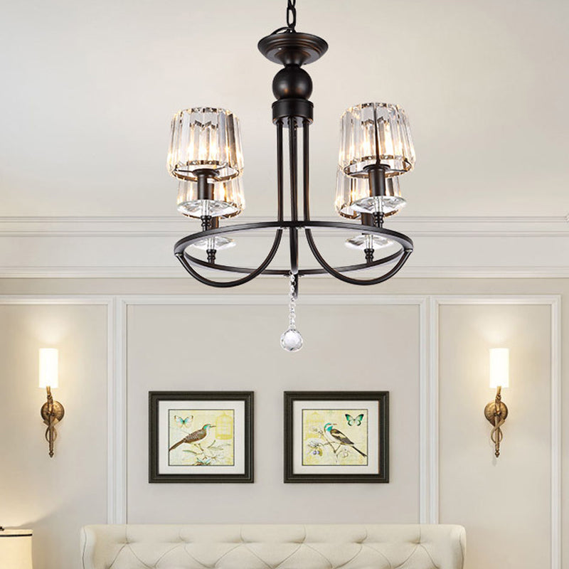 4/6/8 Lights Circle Hanging Chandelier Contemporary Crystal Suspension Light in Black for Bedroom 4 Black Clearhalo 'Ceiling Lights' 'Chandeliers' 'Glass shade' 'Glass' 'Island Lights' 'Modern Chandeliers' 'Modern' Lighting' 222724