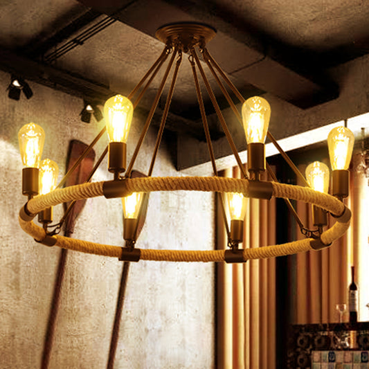 Wrapped Ring Hemp Rope Chandelier Pendant Light Vintage Restaurant Hanging Light in Flaxen 8 Flaxen Clearhalo 'Ceiling Lights' 'Chandeliers' 'Industrial Chandeliers' 'Industrial' 'Middle Century Chandeliers' 'Tiffany' Lighting' 2227529