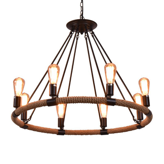 Wrapped Ring Hemp Rope Chandelier Pendant Light Vintage Restaurant Hanging Light in Flaxen Clearhalo 'Ceiling Lights' 'Chandeliers' 'Industrial Chandeliers' 'Industrial' 'Middle Century Chandeliers' 'Tiffany' Lighting' 2227531