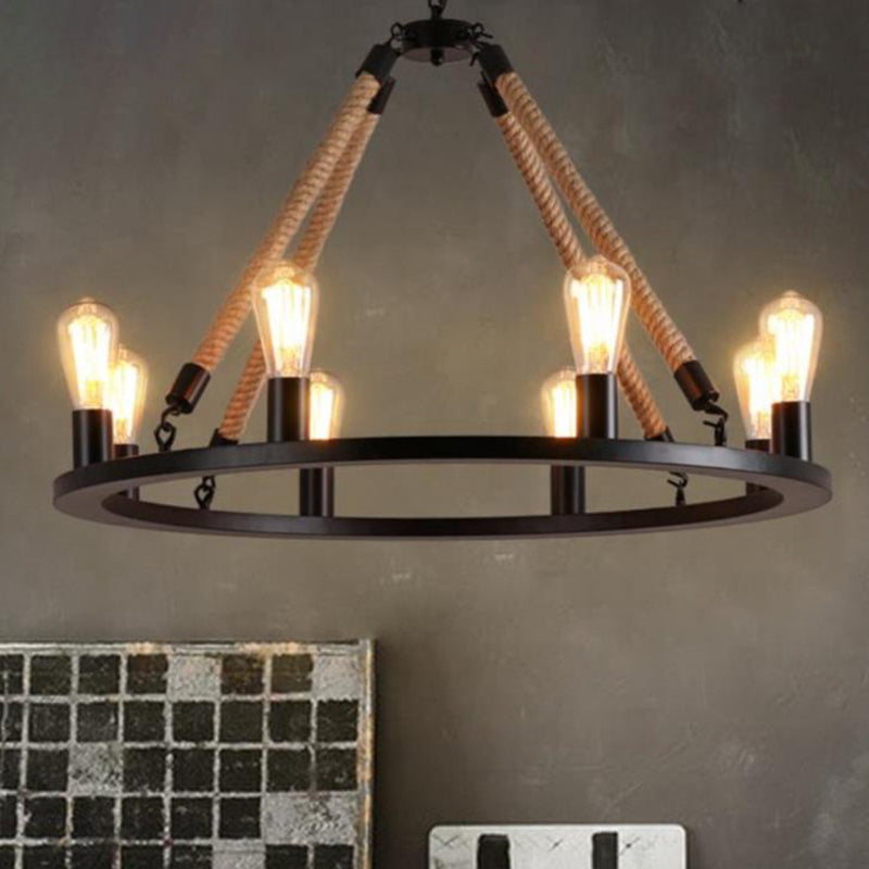 Iron Ring Chandelier Light Antique Restaurant Pendant Light Fixture with Hemp Rope in Matte Black Clearhalo 'Cast Iron' 'Ceiling Lights' 'Chandeliers' 'Industrial Chandeliers' 'Industrial' 'Metal' 'Middle Century Chandeliers' 'Rustic Chandeliers' 'Tiffany' Lighting' 2227532