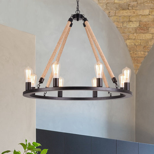 Iron Ring Chandelier Light Antique Restaurant Pendant Light Fixture with Hemp Rope in Matte Black 8 Matte Black Clearhalo 'Cast Iron' 'Ceiling Lights' 'Chandeliers' 'Industrial Chandeliers' 'Industrial' 'Metal' 'Middle Century Chandeliers' 'Rustic Chandeliers' 'Tiffany' Lighting' 2227533