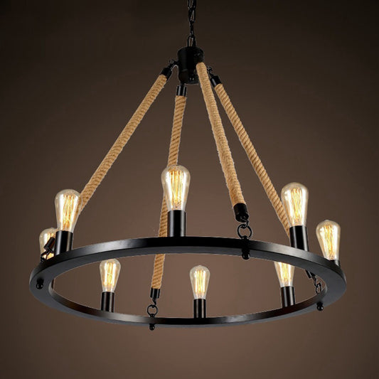 Iron Ring Chandelier Light Antique Restaurant Pendant Light Fixture with Hemp Rope in Matte Black Clearhalo 'Cast Iron' 'Ceiling Lights' 'Chandeliers' 'Industrial Chandeliers' 'Industrial' 'Metal' 'Middle Century Chandeliers' 'Rustic Chandeliers' 'Tiffany' Lighting' 2227535