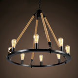 Iron Ring Chandelier Light Antique Restaurant Pendant Light Fixture with Hemp Rope in Matte Black Clearhalo 'Cast Iron' 'Ceiling Lights' 'Chandeliers' 'Industrial Chandeliers' 'Industrial' 'Metal' 'Middle Century Chandeliers' 'Rustic Chandeliers' 'Tiffany' Lighting' 2227535