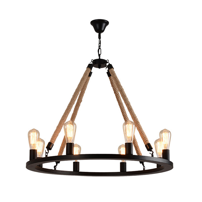 Iron Ring Chandelier Light Antique Restaurant Pendant Light Fixture with Hemp Rope in Matte Black Clearhalo 'Cast Iron' 'Ceiling Lights' 'Chandeliers' 'Industrial Chandeliers' 'Industrial' 'Metal' 'Middle Century Chandeliers' 'Rustic Chandeliers' 'Tiffany' Lighting' 2227536