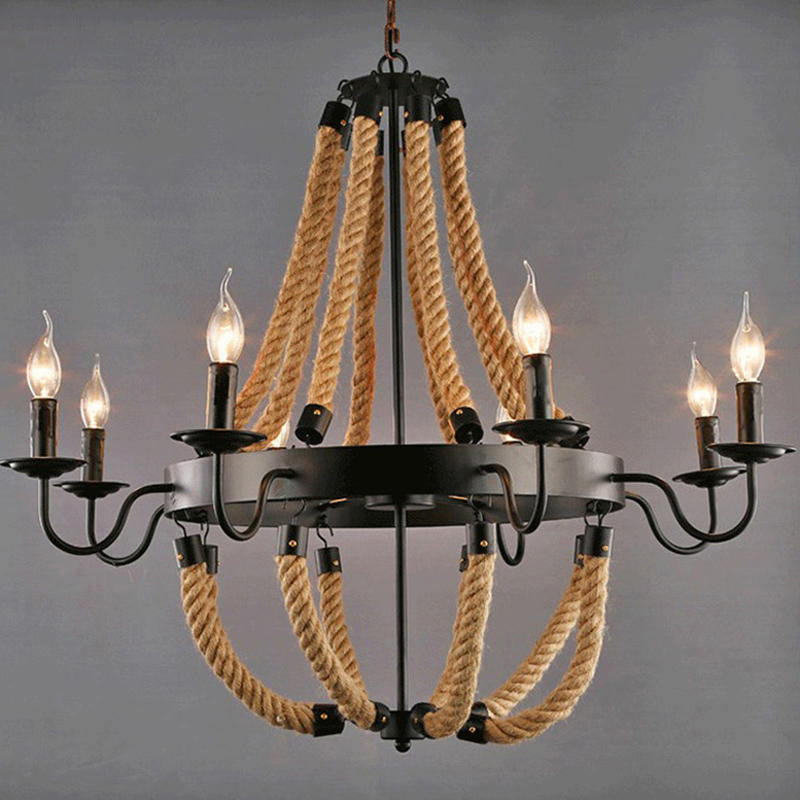Flaxen Candlestick Chandelier Lighting Rustic Iron Living Room Pendant Light with Hemp Rope Clearhalo 'Ceiling Lights' 'Chandeliers' 'Industrial Chandeliers' 'Industrial' 'Middle Century Chandeliers' 'Tiffany' Lighting' 2227539