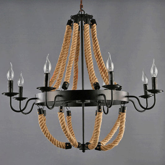 Flaxen Candlestick Chandelier Lighting Rustic Iron Living Room Pendant Light with Hemp Rope Clearhalo 'Ceiling Lights' 'Chandeliers' 'Industrial Chandeliers' 'Industrial' 'Middle Century Chandeliers' 'Tiffany' Lighting' 2227541