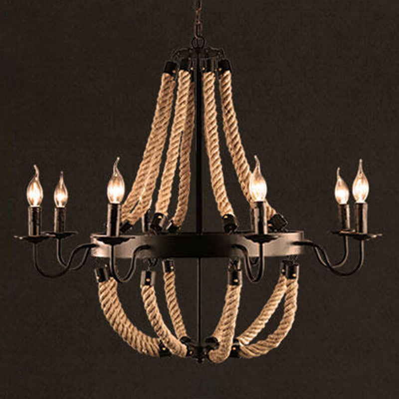 Flaxen Candlestick Chandelier Lighting Rustic Iron Living Room Pendant Light with Hemp Rope Clearhalo 'Ceiling Lights' 'Chandeliers' 'Industrial Chandeliers' 'Industrial' 'Middle Century Chandeliers' 'Tiffany' Lighting' 2227542