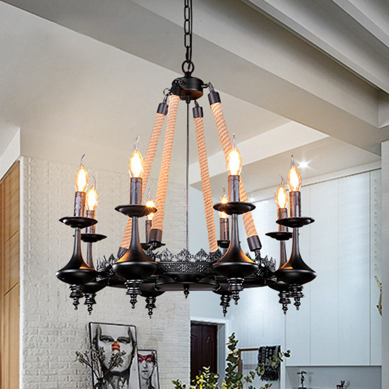 Retro Candelabra Suspension Light Iron Chandelier Light in Black for Dining Room Clearhalo 'Cast Iron' 'Ceiling Lights' 'Chandeliers' 'Industrial Chandeliers' 'Industrial' 'Metal' 'Middle Century Chandeliers' 'Rustic Chandeliers' 'Tiffany' Lighting' 2227543