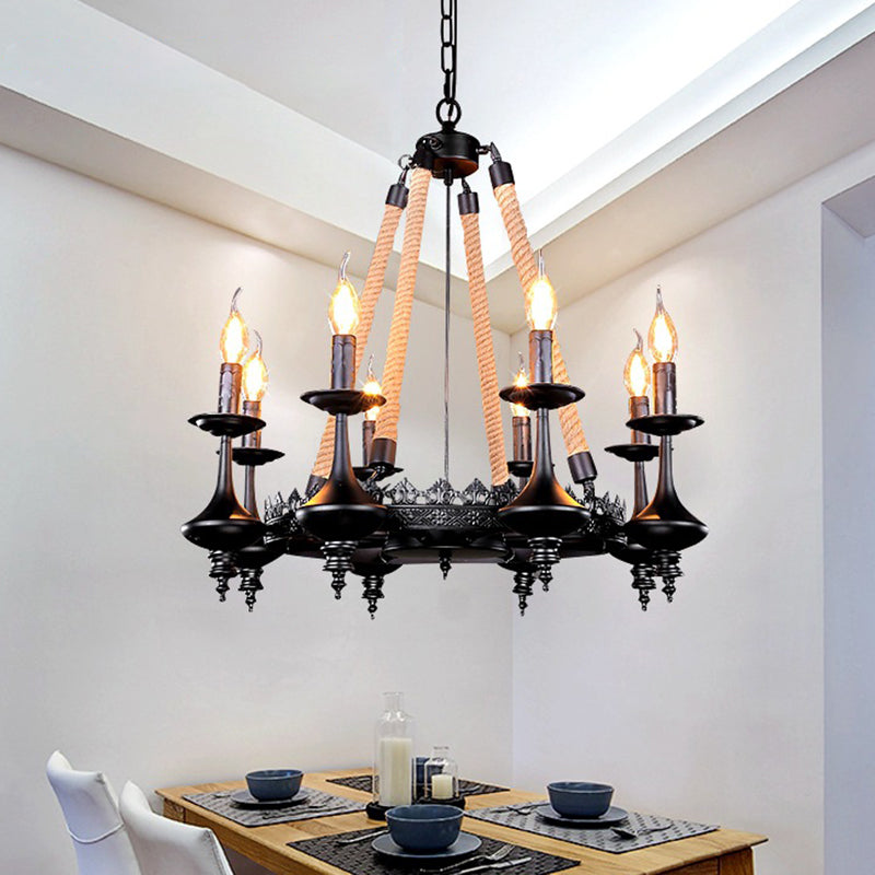 Retro Candelabra Suspension Light Iron Chandelier Light in Black for Dining Room Clearhalo 'Cast Iron' 'Ceiling Lights' 'Chandeliers' 'Industrial Chandeliers' 'Industrial' 'Metal' 'Middle Century Chandeliers' 'Rustic Chandeliers' 'Tiffany' Lighting' 2227545