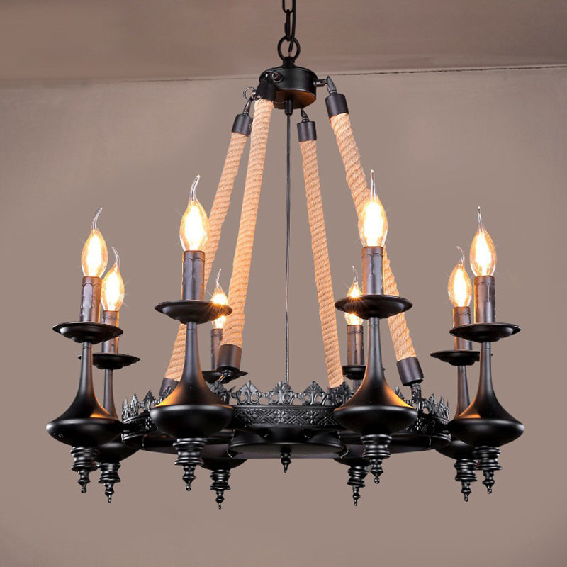Retro Candelabra Suspension Light Iron Chandelier Light in Black for Dining Room 8 Black Clearhalo 'Cast Iron' 'Ceiling Lights' 'Chandeliers' 'Industrial Chandeliers' 'Industrial' 'Metal' 'Middle Century Chandeliers' 'Rustic Chandeliers' 'Tiffany' Lighting' 2227546