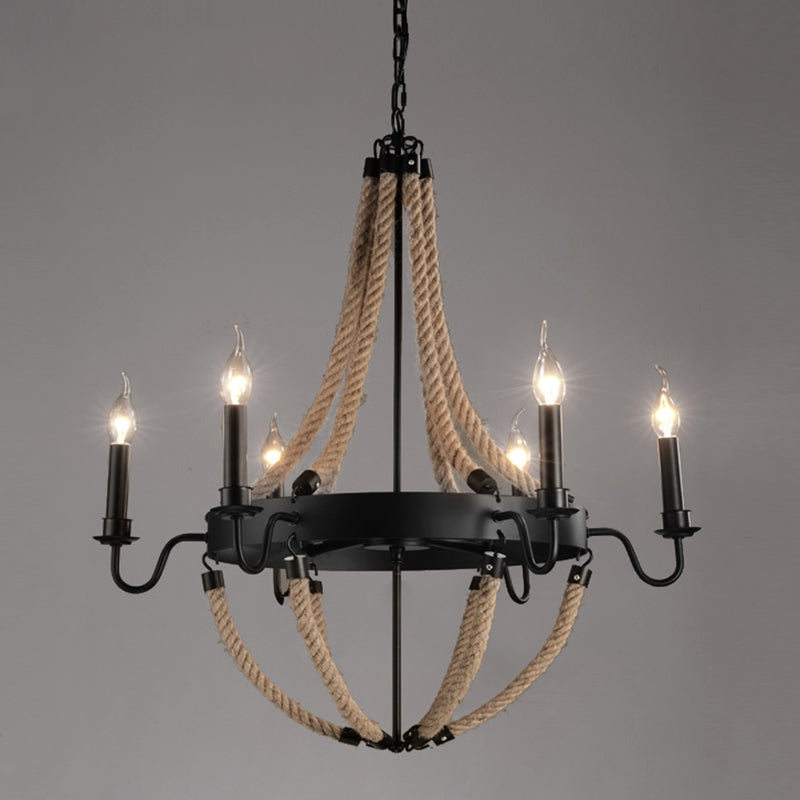 Circle Iron Ceiling Lighting Industrial Restaurant Chandelier Light Fixture with Hemp Rope in Black 6 Black B Clearhalo 'Cast Iron' 'Ceiling Lights' 'Chandeliers' 'Industrial Chandeliers' 'Industrial' 'Metal' 'Middle Century Chandeliers' 'Rustic Chandeliers' 'Tiffany' Lighting' 2227551
