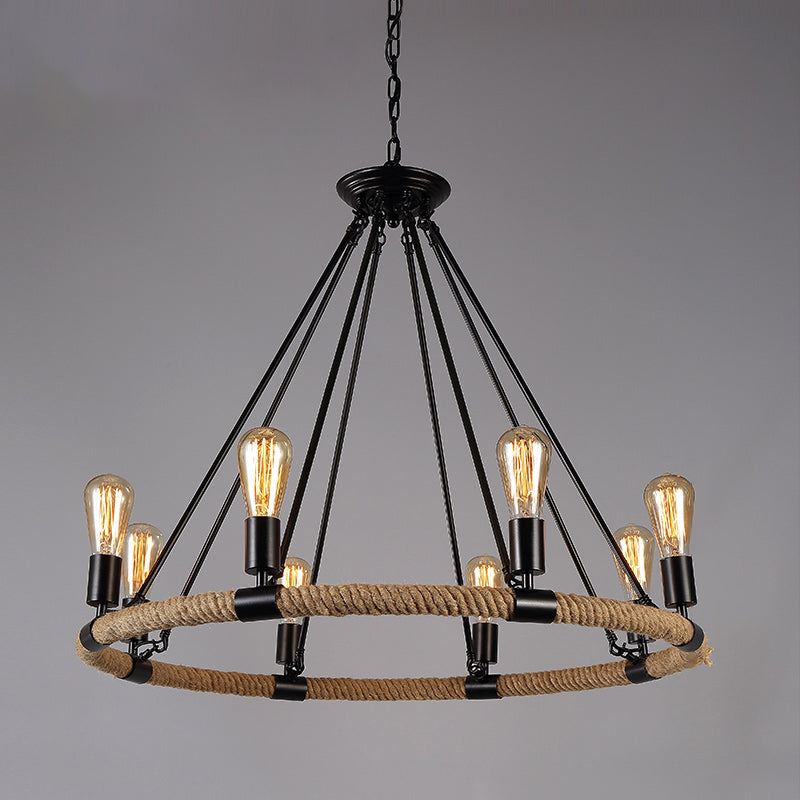 Circle Iron Ceiling Lighting Industrial Restaurant Chandelier Light Fixture with Hemp Rope in Black 8 Black A Clearhalo 'Cast Iron' 'Ceiling Lights' 'Chandeliers' 'Industrial Chandeliers' 'Industrial' 'Metal' 'Middle Century Chandeliers' 'Rustic Chandeliers' 'Tiffany' Lighting' 2227553