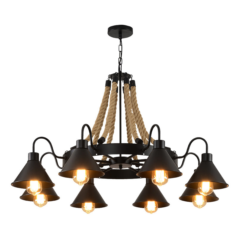 Circle Iron Ceiling Lighting Industrial Restaurant Chandelier Light Fixture with Hemp Rope in Black Clearhalo 'Cast Iron' 'Ceiling Lights' 'Chandeliers' 'Industrial Chandeliers' 'Industrial' 'Metal' 'Middle Century Chandeliers' 'Rustic Chandeliers' 'Tiffany' Lighting' 2227554