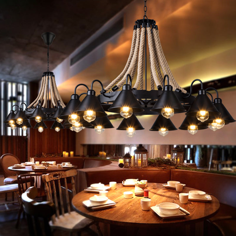 Iron Wheel Chandelier Pendant Light Vintage Restaurant Hanging Light with Hemp Rope in Black Clearhalo 'Cast Iron' 'Ceiling Lights' 'Chandeliers' 'Industrial Chandeliers' 'Industrial' 'Metal' 'Middle Century Chandeliers' 'Rustic Chandeliers' 'Tiffany' Lighting' 2227558