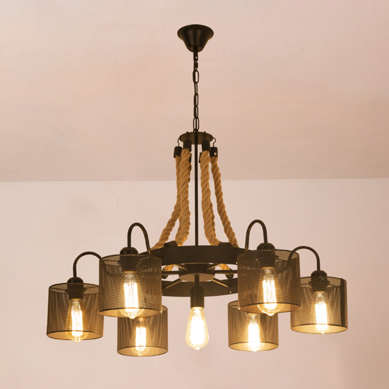 Iron Wheel Chandelier Pendant Light Vintage Restaurant Hanging Light with Hemp Rope in Black Black 34.5" B Clearhalo 'Cast Iron' 'Ceiling Lights' 'Chandeliers' 'Industrial Chandeliers' 'Industrial' 'Metal' 'Middle Century Chandeliers' 'Rustic Chandeliers' 'Tiffany' Lighting' 2227559