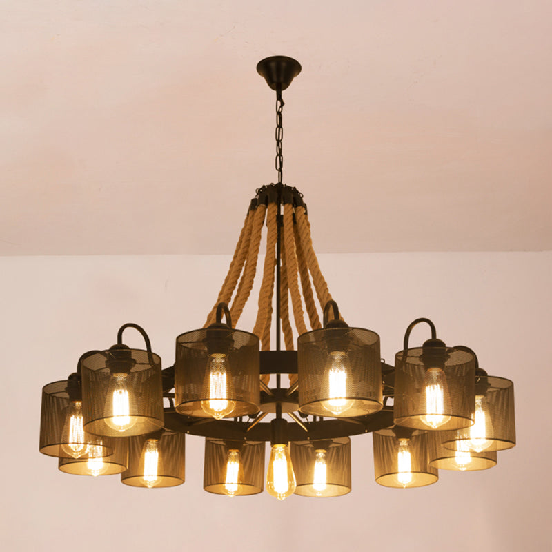 Iron Wheel Chandelier Pendant Light Vintage Restaurant Hanging Light with Hemp Rope in Black Black 44" B Clearhalo 'Cast Iron' 'Ceiling Lights' 'Chandeliers' 'Industrial Chandeliers' 'Industrial' 'Metal' 'Middle Century Chandeliers' 'Rustic Chandeliers' 'Tiffany' Lighting' 2227565