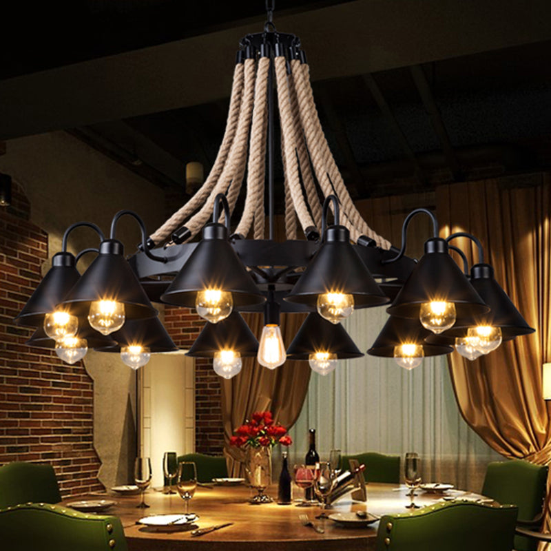 Black Conical Shade Chandelier Lighting Antique Style Iron Restaurant Pendant Light Fixture with Hemp Rope Clearhalo 'Cast Iron' 'Ceiling Lights' 'Chandeliers' 'Industrial Chandeliers' 'Industrial' 'Metal' 'Middle Century Chandeliers' 'Rustic Chandeliers' 'Tiffany' Lighting' 2227567