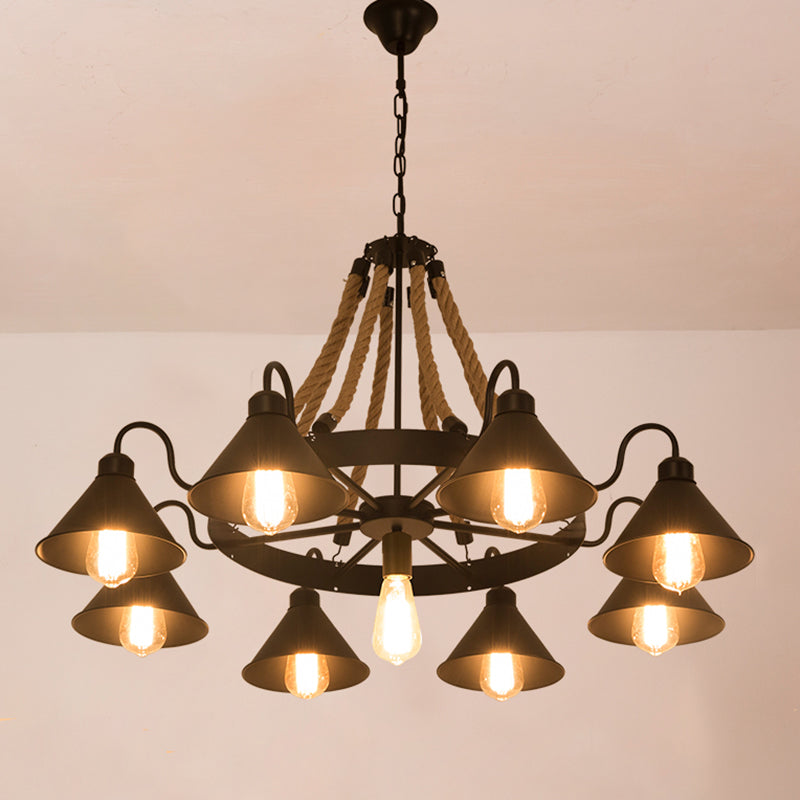 Black Conical Shade Chandelier Lighting Antique Style Iron Restaurant Pendant Light Fixture with Hemp Rope 9 Black Clearhalo 'Cast Iron' 'Ceiling Lights' 'Chandeliers' 'Industrial Chandeliers' 'Industrial' 'Metal' 'Middle Century Chandeliers' 'Rustic Chandeliers' 'Tiffany' Lighting' 2227568