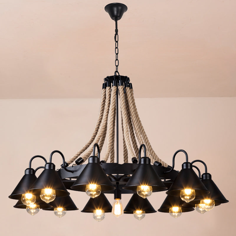 Black Conical Shade Chandelier Lighting Antique Style Iron Restaurant Pendant Light Fixture with Hemp Rope 13 Black Clearhalo 'Cast Iron' 'Ceiling Lights' 'Chandeliers' 'Industrial Chandeliers' 'Industrial' 'Metal' 'Middle Century Chandeliers' 'Rustic Chandeliers' 'Tiffany' Lighting' 2227569