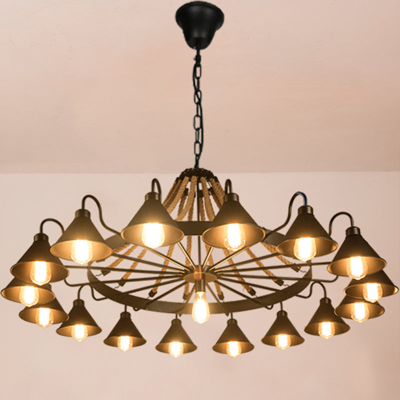 Black Conical Shade Chandelier Lighting Antique Style Iron Restaurant Pendant Light Fixture with Hemp Rope 17 Black Clearhalo 'Cast Iron' 'Ceiling Lights' 'Chandeliers' 'Industrial Chandeliers' 'Industrial' 'Metal' 'Middle Century Chandeliers' 'Rustic Chandeliers' 'Tiffany' Lighting' 2227571