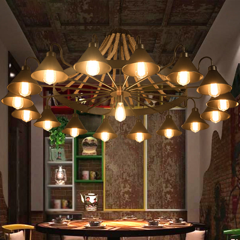 Black Conical Shade Chandelier Lighting Antique Style Iron Restaurant Pendant Light Fixture with Hemp Rope Clearhalo 'Cast Iron' 'Ceiling Lights' 'Chandeliers' 'Industrial Chandeliers' 'Industrial' 'Metal' 'Middle Century Chandeliers' 'Rustic Chandeliers' 'Tiffany' Lighting' 2227572