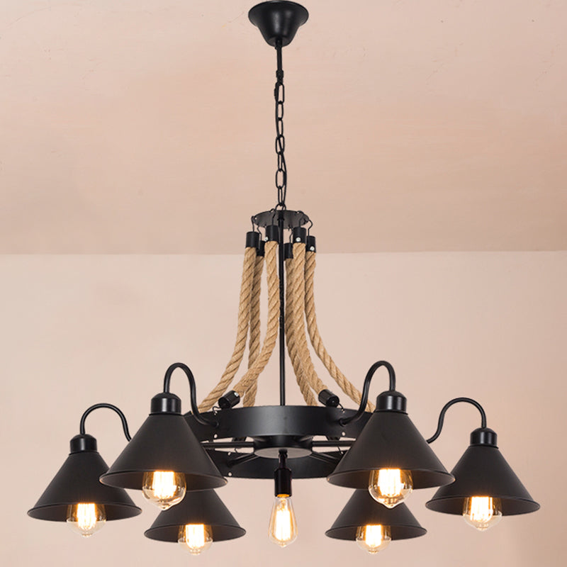 Black Conical Shade Chandelier Lighting Antique Style Iron Restaurant Pendant Light Fixture with Hemp Rope 7 Black Clearhalo 'Cast Iron' 'Ceiling Lights' 'Chandeliers' 'Industrial Chandeliers' 'Industrial' 'Metal' 'Middle Century Chandeliers' 'Rustic Chandeliers' 'Tiffany' Lighting' 2227573