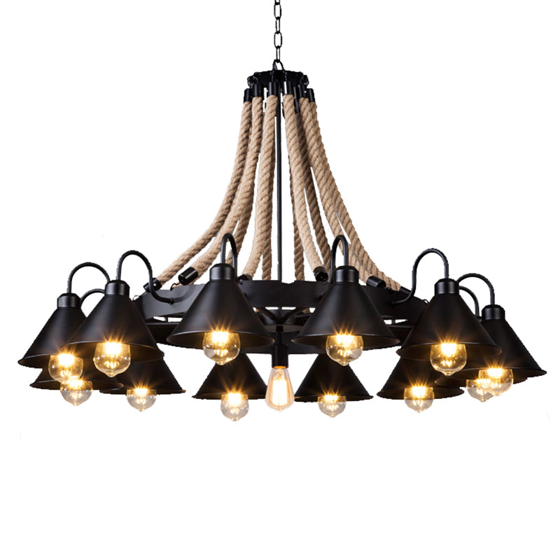 Black Conical Shade Chandelier Lighting Antique Style Iron Restaurant Pendant Light Fixture with Hemp Rope Clearhalo 'Cast Iron' 'Ceiling Lights' 'Chandeliers' 'Industrial Chandeliers' 'Industrial' 'Metal' 'Middle Century Chandeliers' 'Rustic Chandeliers' 'Tiffany' Lighting' 2227575