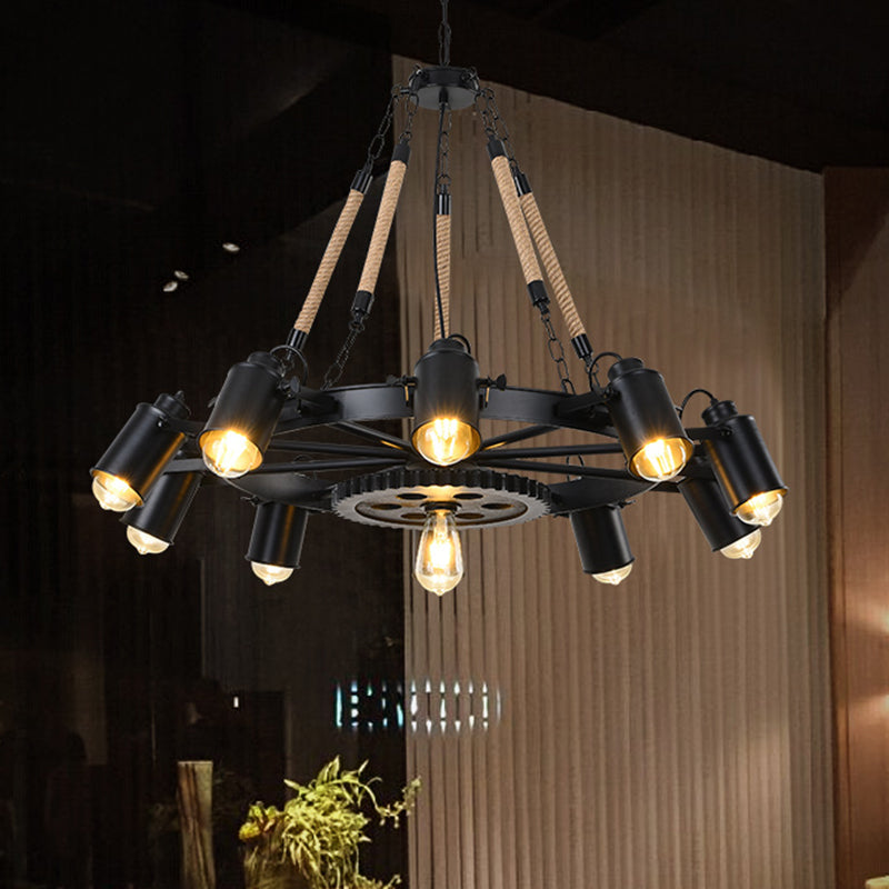 Rustic Wheel Suspension Spotlight Iron Chandelier Light with Hemp Rope Decor in Black Clearhalo 'Cast Iron' 'Ceiling Lights' 'Chandeliers' 'Industrial Chandeliers' 'Industrial' 'Metal' 'Middle Century Chandeliers' 'Rustic Chandeliers' 'Tiffany' Lighting' 2227576