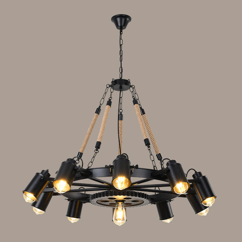 Rustic Wheel Suspension Spotlight Iron Chandelier Light with Hemp Rope Decor in Black 10 Black Clearhalo 'Cast Iron' 'Ceiling Lights' 'Chandeliers' 'Industrial Chandeliers' 'Industrial' 'Metal' 'Middle Century Chandeliers' 'Rustic Chandeliers' 'Tiffany' Lighting' 2227577