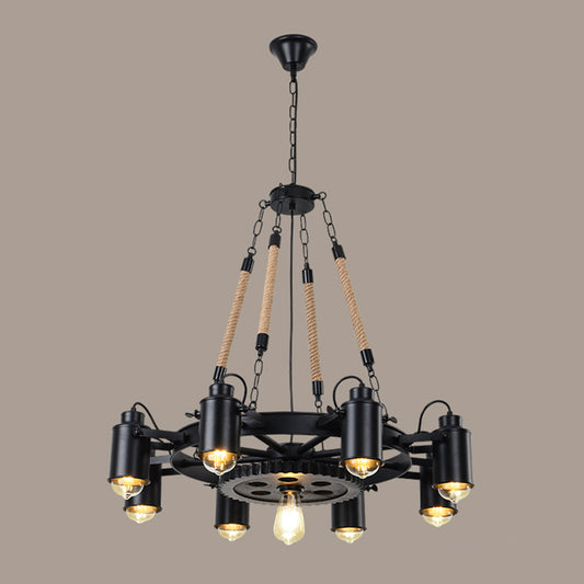Rustic Wheel Suspension Spotlight Iron Chandelier Light with Hemp Rope Decor in Black 8 Black Clearhalo 'Cast Iron' 'Ceiling Lights' 'Chandeliers' 'Industrial Chandeliers' 'Industrial' 'Metal' 'Middle Century Chandeliers' 'Rustic Chandeliers' 'Tiffany' Lighting' 2227578