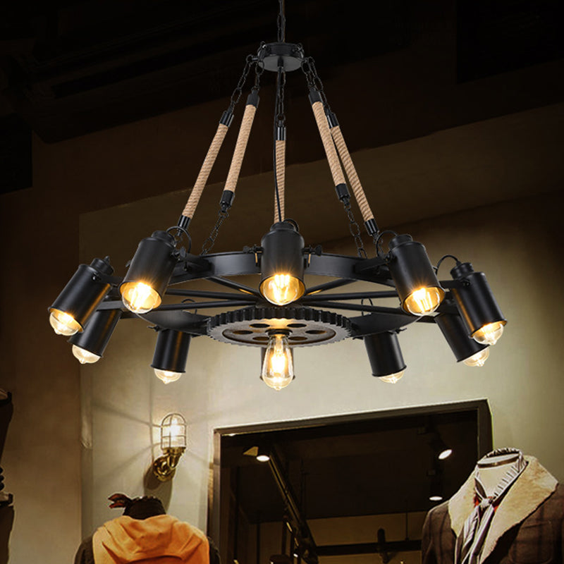 Rustic Wheel Suspension Spotlight Iron Chandelier Light with Hemp Rope Decor in Black Clearhalo 'Cast Iron' 'Ceiling Lights' 'Chandeliers' 'Industrial Chandeliers' 'Industrial' 'Metal' 'Middle Century Chandeliers' 'Rustic Chandeliers' 'Tiffany' Lighting' 2227579