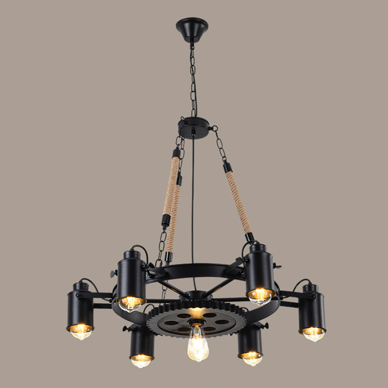Rustic Wheel Suspension Spotlight Iron Chandelier Light with Hemp Rope Decor in Black 6 Black Clearhalo 'Cast Iron' 'Ceiling Lights' 'Chandeliers' 'Industrial Chandeliers' 'Industrial' 'Metal' 'Middle Century Chandeliers' 'Rustic Chandeliers' 'Tiffany' Lighting' 2227580