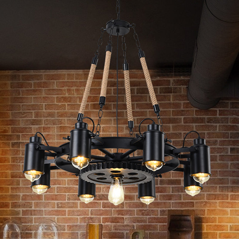 Rustic Wheel Suspension Spotlight Iron Chandelier Light with Hemp Rope Decor in Black Clearhalo 'Cast Iron' 'Ceiling Lights' 'Chandeliers' 'Industrial Chandeliers' 'Industrial' 'Metal' 'Middle Century Chandeliers' 'Rustic Chandeliers' 'Tiffany' Lighting' 2227581