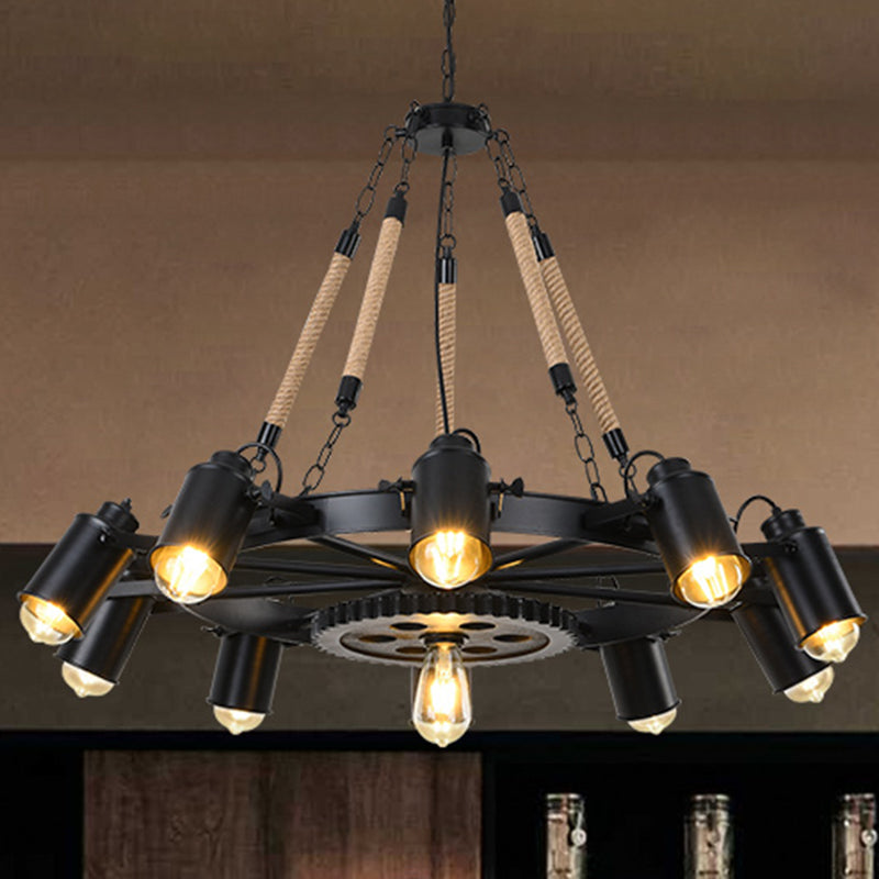 Rustic Wheel Suspension Spotlight Iron Chandelier Light with Hemp Rope Decor in Black Clearhalo 'Cast Iron' 'Ceiling Lights' 'Chandeliers' 'Industrial Chandeliers' 'Industrial' 'Metal' 'Middle Century Chandeliers' 'Rustic Chandeliers' 'Tiffany' Lighting' 2227582