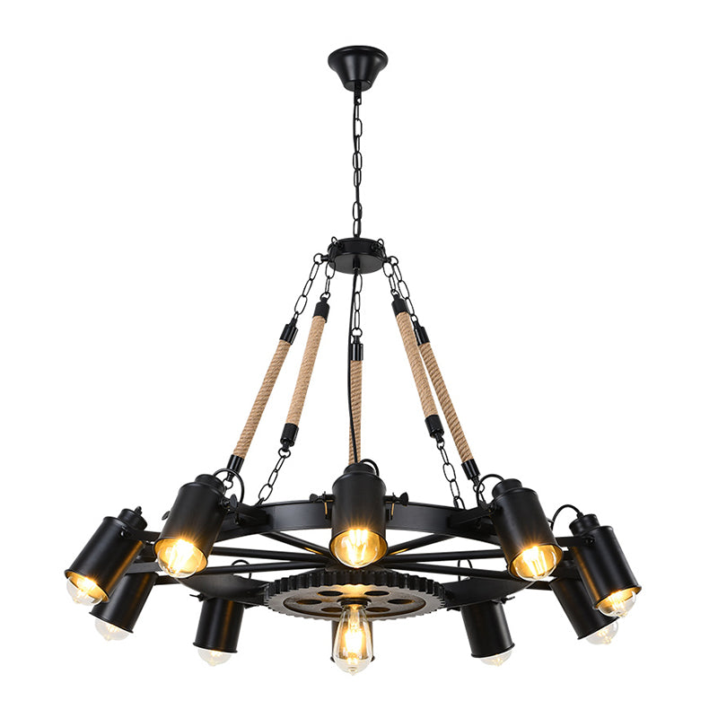 Rustic Wheel Suspension Spotlight Iron Chandelier Light with Hemp Rope Decor in Black Clearhalo 'Cast Iron' 'Ceiling Lights' 'Chandeliers' 'Industrial Chandeliers' 'Industrial' 'Metal' 'Middle Century Chandeliers' 'Rustic Chandeliers' 'Tiffany' Lighting' 2227583